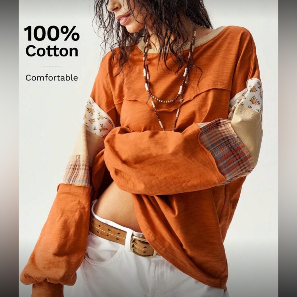 Rust Orange Patchwork Long Sleeve Top - image 6